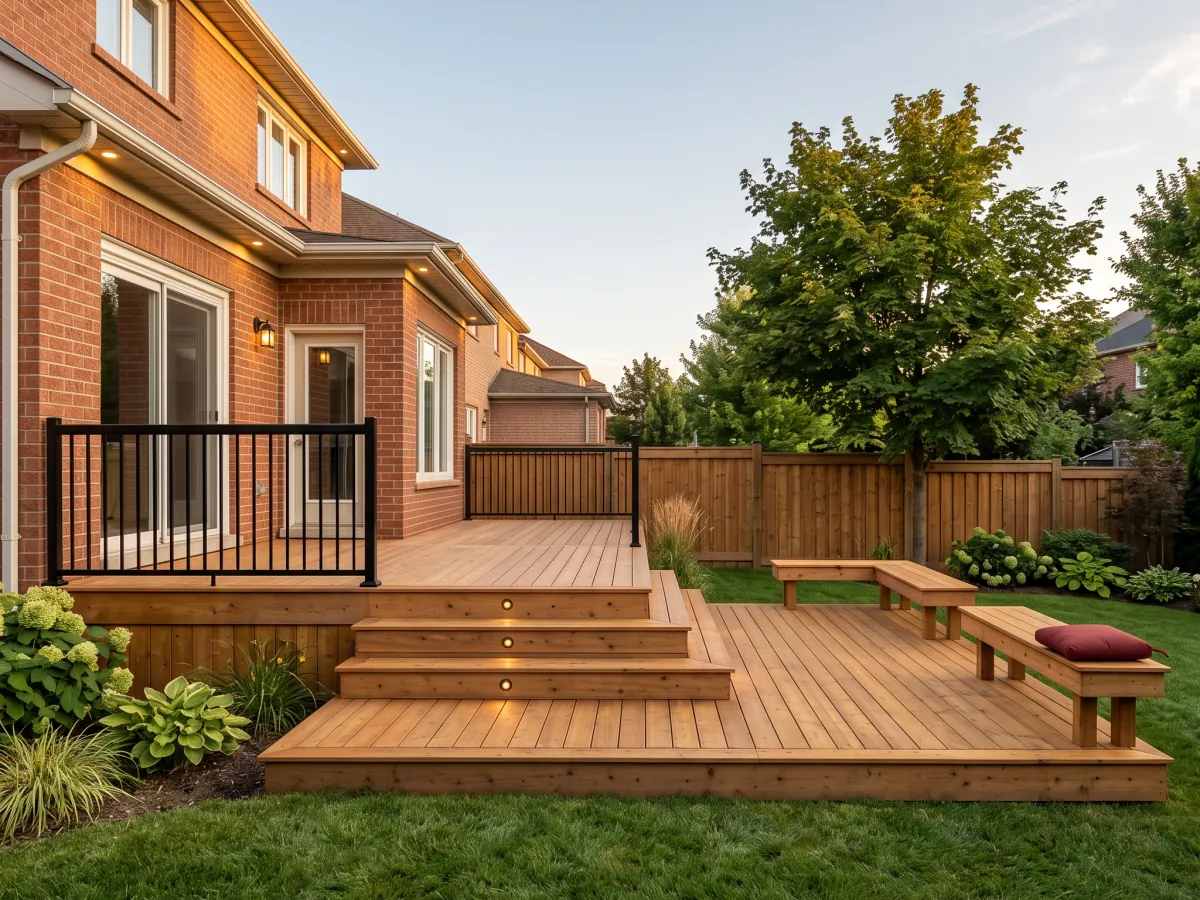 Two-level cedar deck with wide steps and small lights in the risers, behind a brick house.