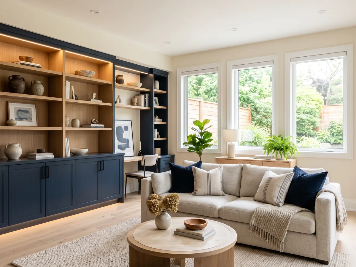 Finished basement lounge with large windows, cream walls, navy built-in cabinetry and a light sofa.