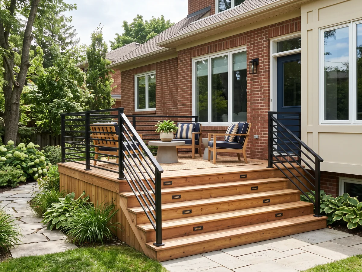 Cedar deck behind a brick house with broad stairs leading to the lawn and a black metal railing.